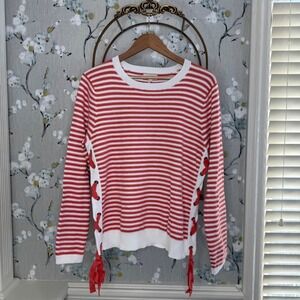Cupio Womens XL Red White Striped Lace Up Ribbon Sweater Long Sleeve Crewneck